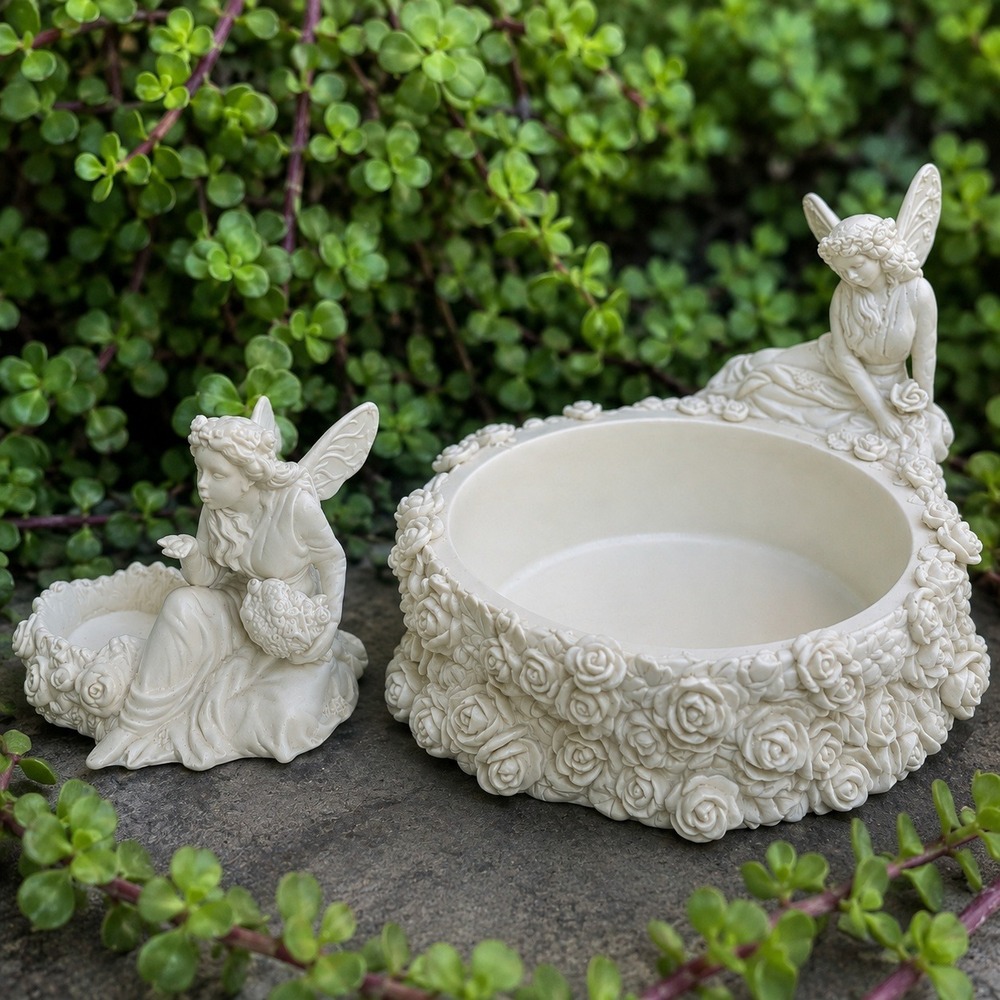 Vintage PartyLite Ariana's Garden Fairy Porcelain Candle Holder Set Bisque